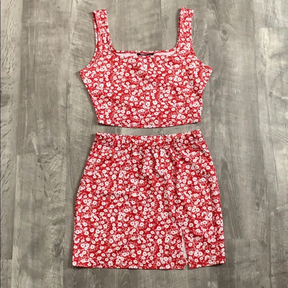 Red and White Floral Two Piece Outfit